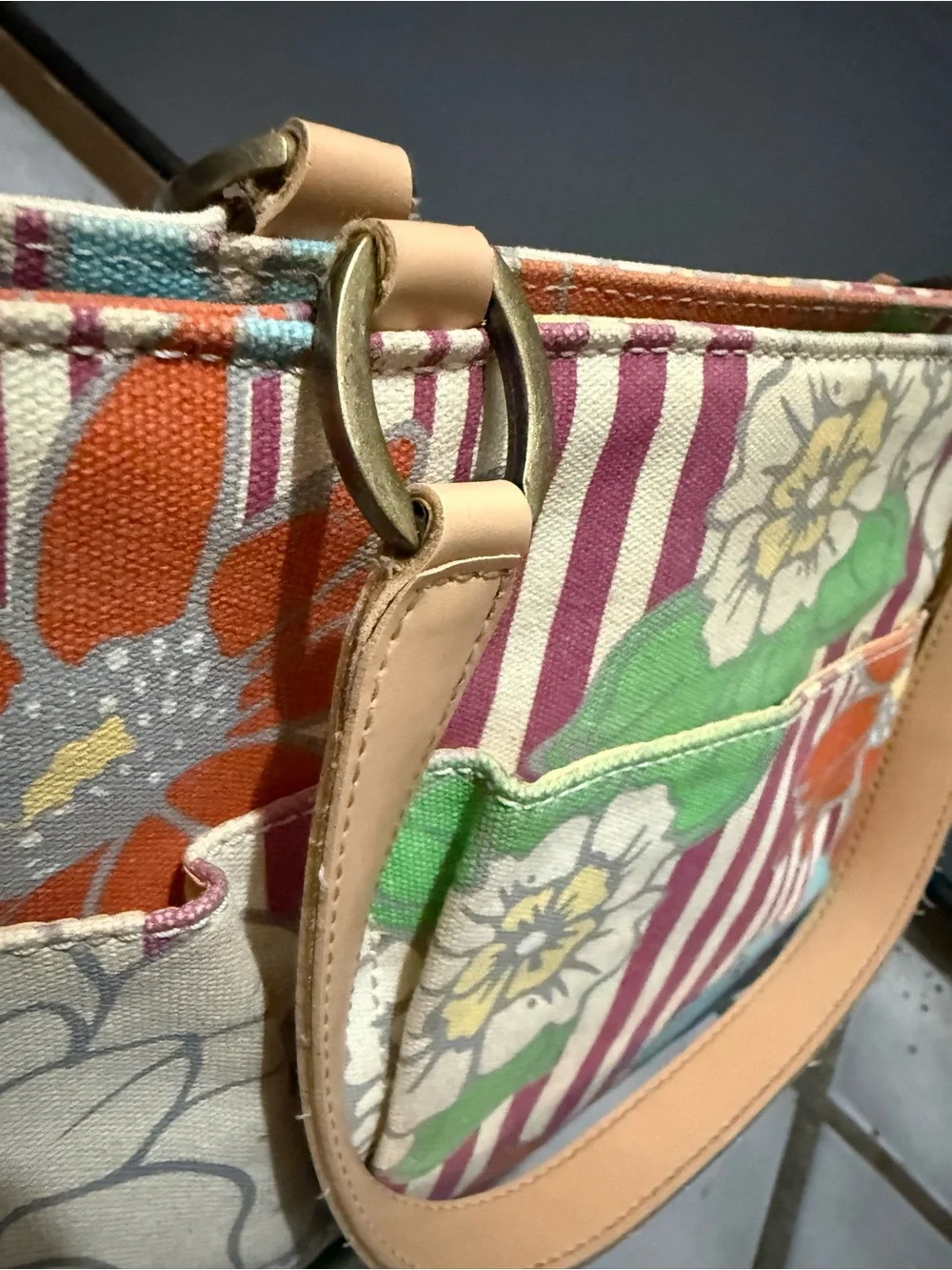 Vintage Y2K Tommy Hilfiger-Floral Stripe Canvas Tote Bag in Multicolor